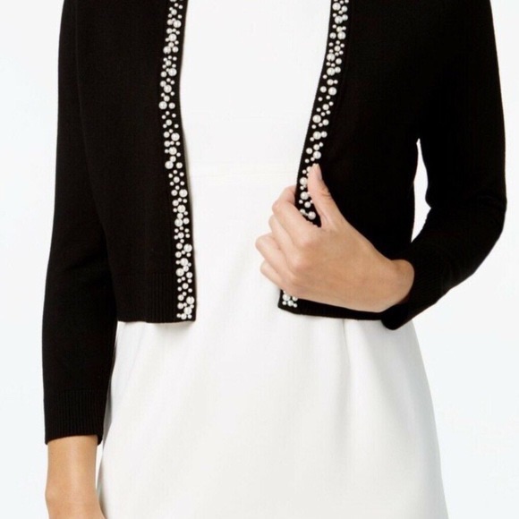 Calvin Klein Black Crop Open Cardigan Sweater Pearl Collar & Trim Size 1x